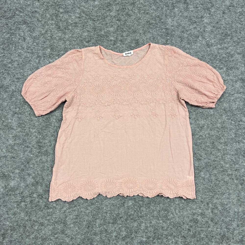 Kindred Blouse Womens M Pink Tunic 100% Cotton Balloon Sleeve Embroidered Preppy